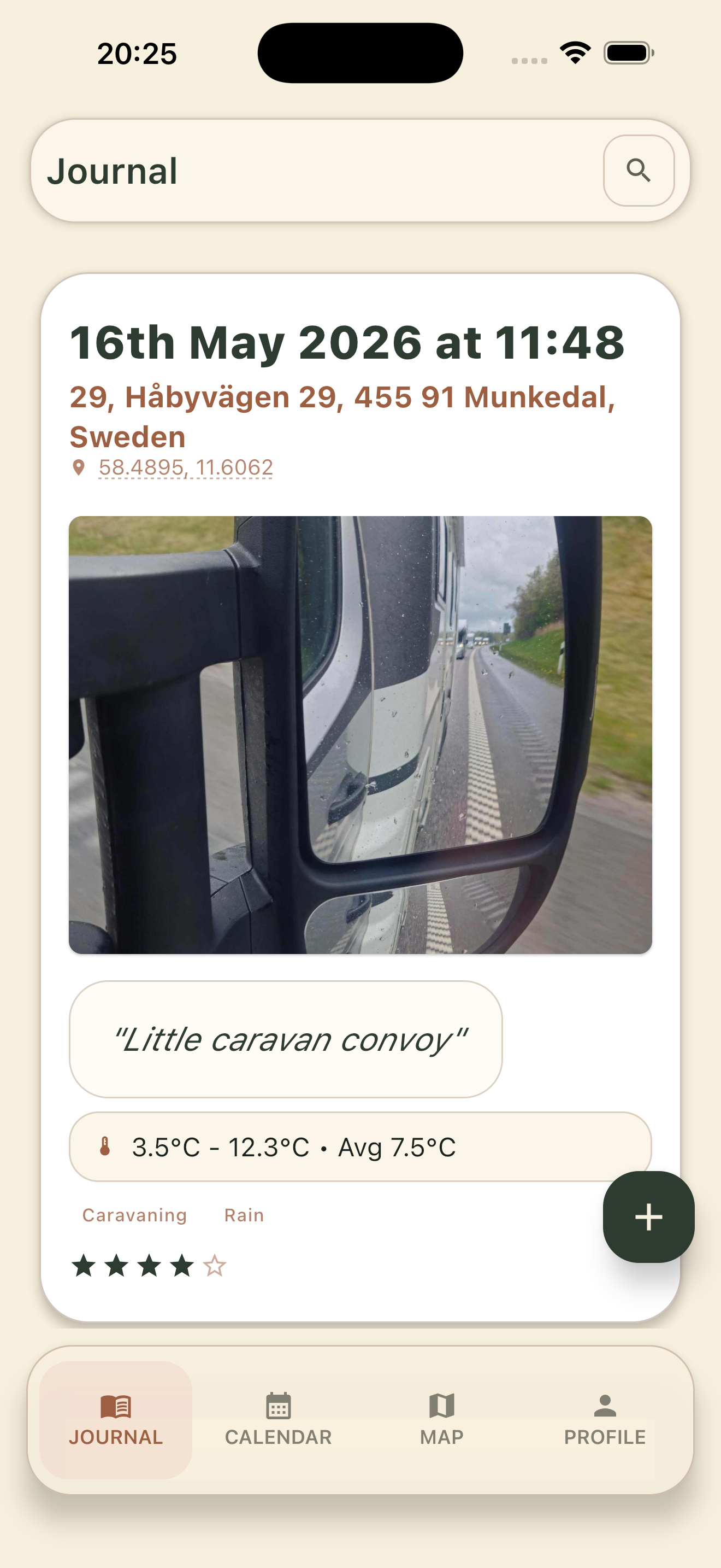 Jorial journal entry showing its photo, location, temperature, tags, and rating